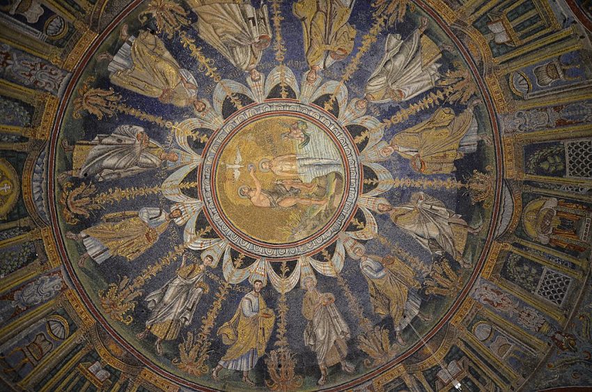 Ceiling mosaic depicting the baptism of Jesus by Saint John the Baptist Baptistery of Neon Ravenna