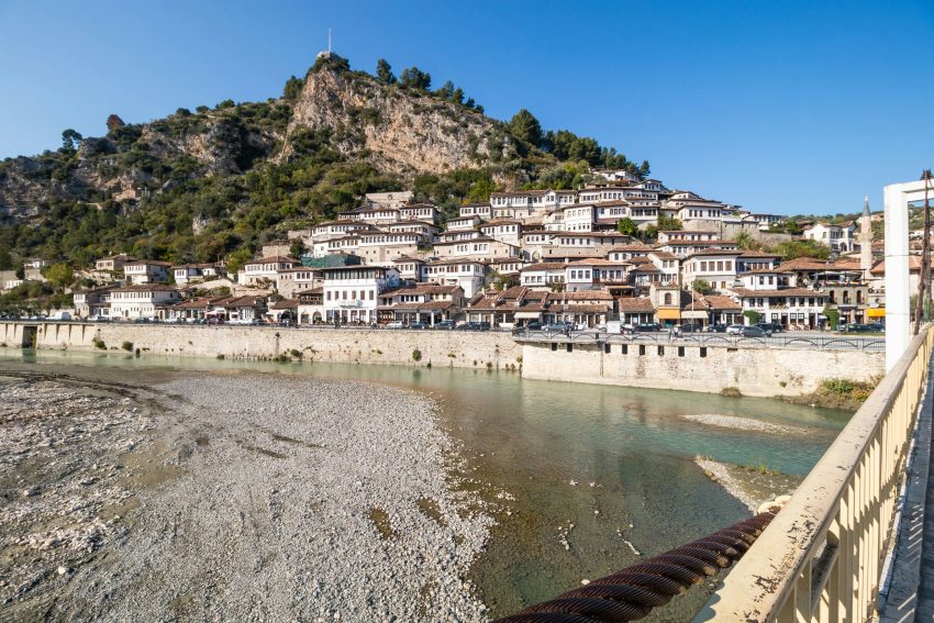 Castle Bridge River Mountain and Houses in Berat in Albania