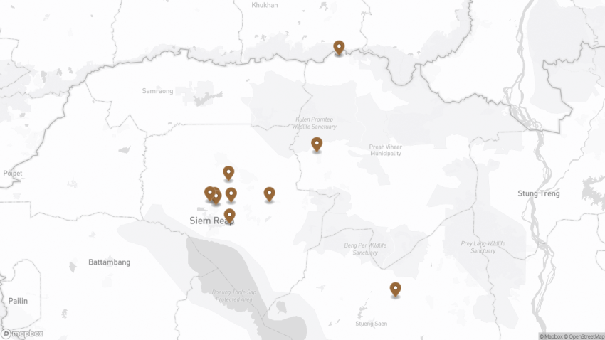 Map of the 10 Hidden Temples in Siem Reap walking route with 10 stops in Siem Reap.