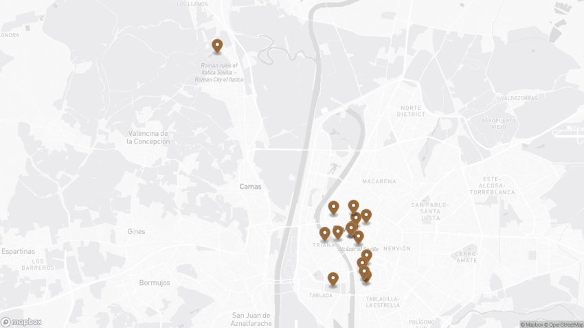 Map of the 16 Best Things to Do in Seville, Spain walking route with 16 stops in Seville.