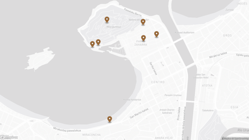 Map of the 7 Things to Do on a Rainy Day in San Sebastián walking route with 7 stops in San Sebastián.
