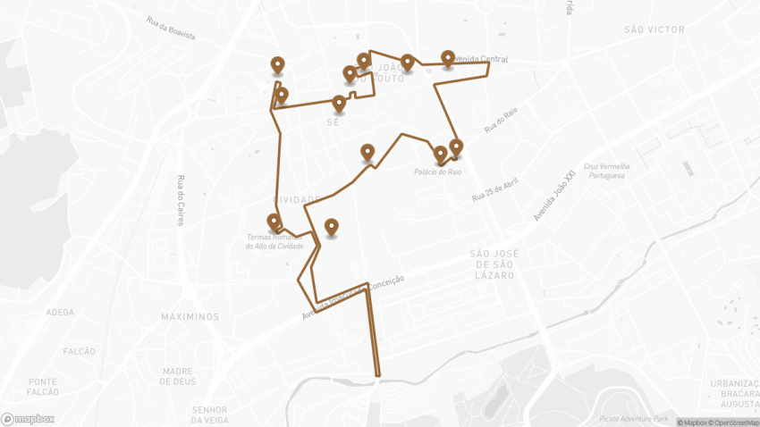 Map of the A Self-Guided Walking Tour of Braga, Portugal walking route with 12 stops in Braga.