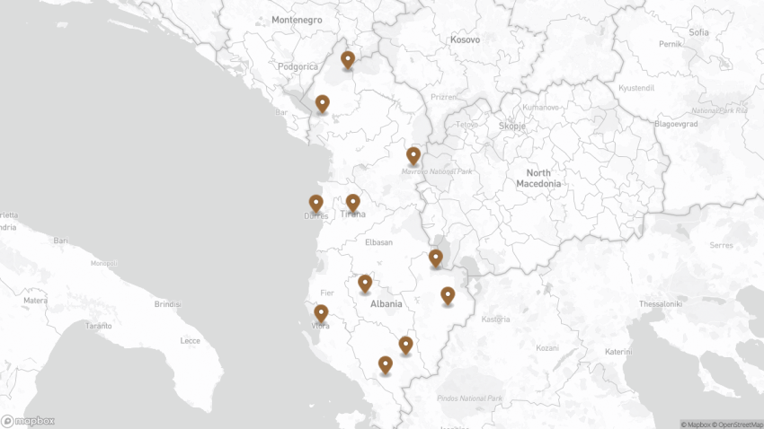 Map of the Albania Itinerary: An Epic 2 Week Albania Road Trip walking route with 11 stops.