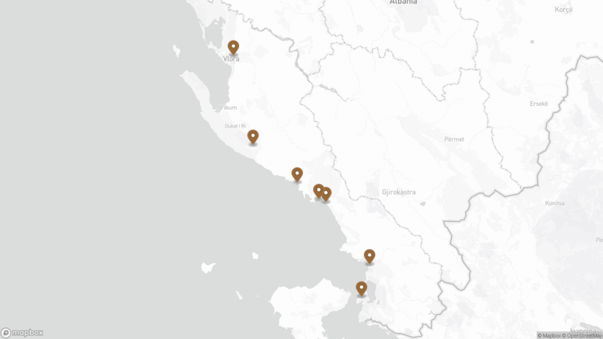 Map of the Albanian Riviera Travel Guide walking route with 7 stops.