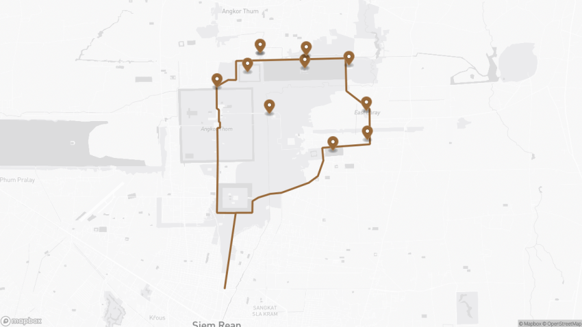 Map of the Self-Guided Tour of Angkor Wat Grand Circuit walking route with 11 stops in Siem Reap.