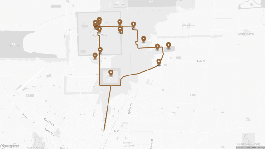 Map of the Self-Guided Tour of Angkor Wat Small Circuit walking route with 16 stops in Siem Reap.