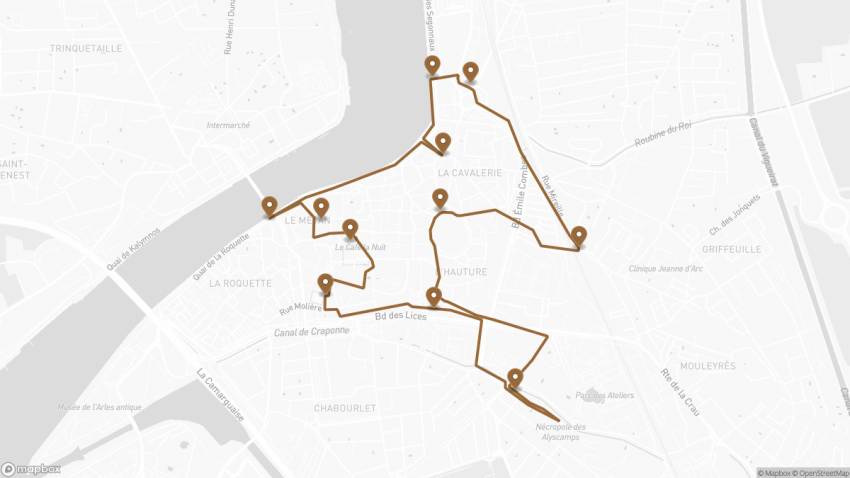 Map of the Self-Guided Walking Tour of Van Gogh’s Arles walking route with 11 stops in Arles.
