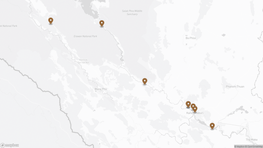 Map of the Bangkok to Kanchanaburi Day Trip walking route with 8 stops in Kanchanaburi.