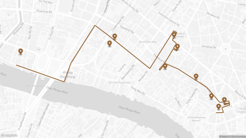 Map of the Self-Guided Walking Tour of Bangkok’s Chinatown walking route with 10 stops in Bangkok.