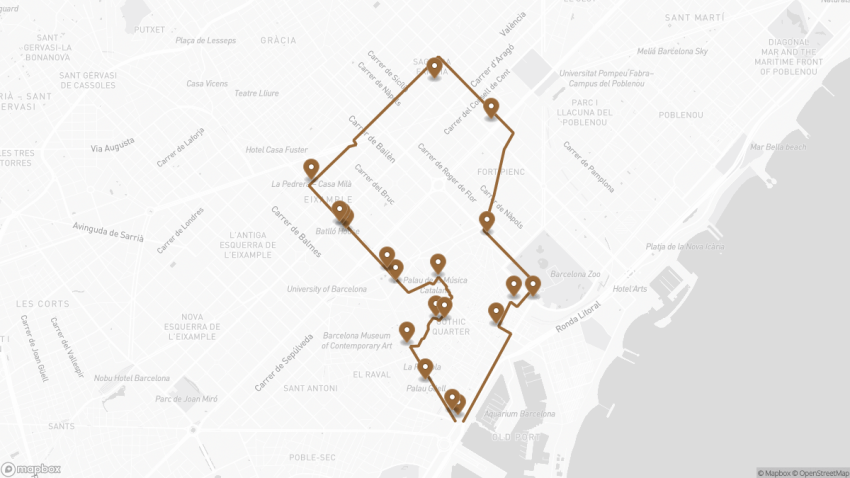 Map of the Barcelona Self-Guided Walking Tour: From Columbus Monument to Gaudí walking route with 19 stops in Barcelona.