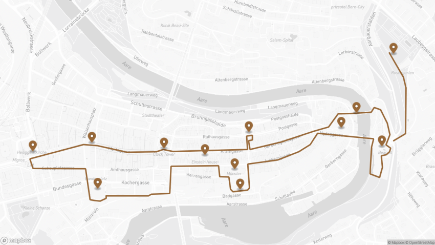 Map of the Self-Guided Walking Tour of Bern, Switzerland walking route with 12 stops in Bern.