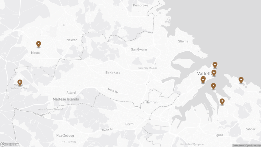 Map of the Best 9 World War II attractions in Malta walking route with 9 stops in Valletta.