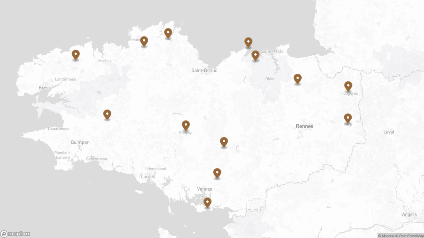 Map of the Best Castles in Brittany, France walking route with 13 stops in Brittany.