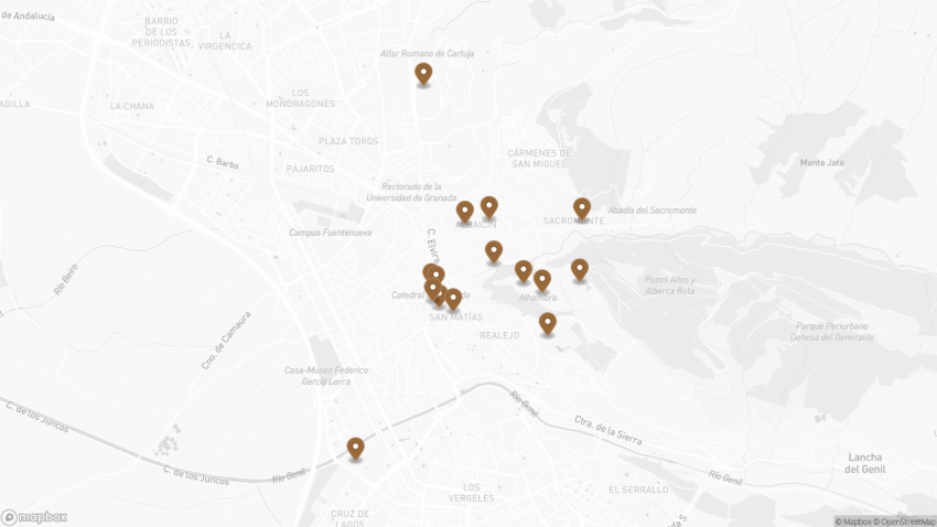 Map of the 15 Best Things to See and Do in Granada, Spain walking route with 15 stops in Granada.