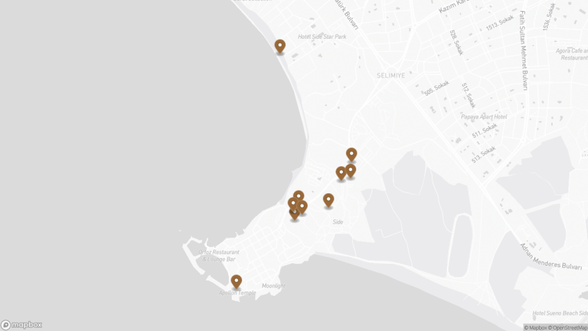 Map of the Best Things to Do in Side, Turkey walking route with 10 stops in Side.