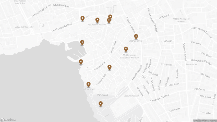 Map of the Best Things to See in Antalya Old Town walking route with 11 stops in Antalya.