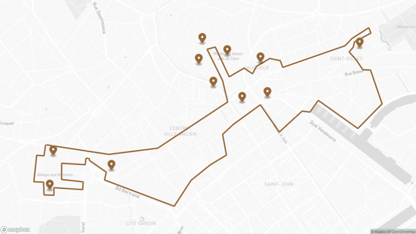 Map of the Self-Guided Walking Tour of Caen, France walking route with 11 stops in Caen.