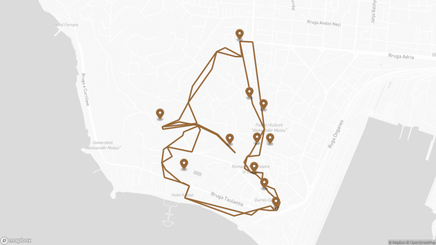 Map of the Self-Guided Walking Tour of Durrës, Albania walking route with 11 stops in Durrës.