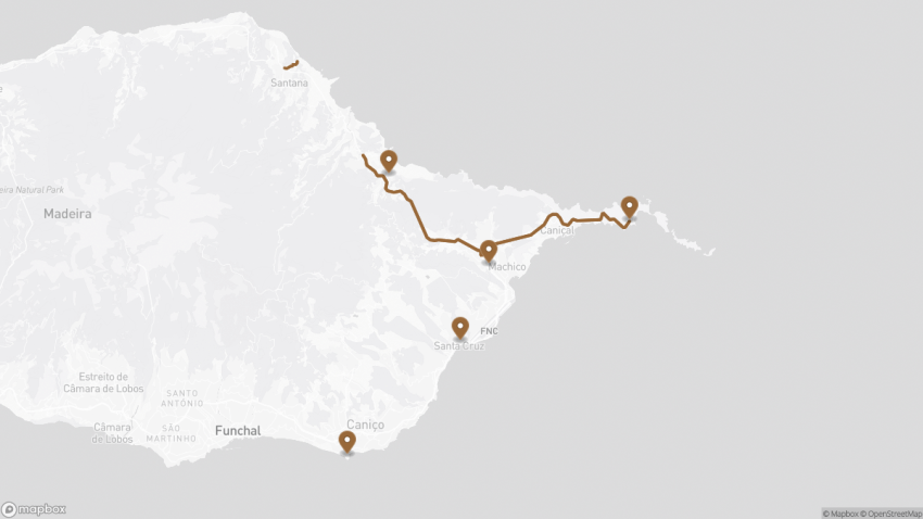 Map of the Madeira Sightseeing Tour of the East Coast walking route with 5 stops in Funchal (Madeira).
