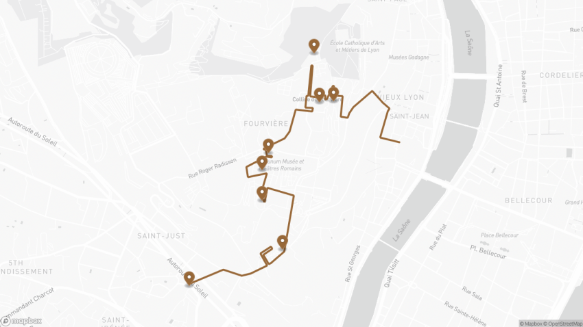 Map of the Self-Guided Walking Tour of Lyon’s Hill of Fourvière walking route with 8 stops in Lyon.