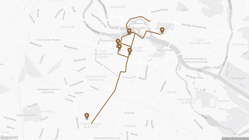 Map of the Explore the Towers of Wrocław: A Self-Guided Walking Tour walking route with 6 stops in Wrocław.