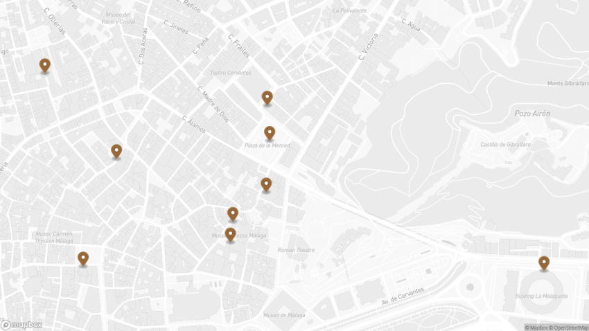 Map of the Self-Guided Walking Tour of Picasso’s Málaga walking route with 9 stops in Málaga.