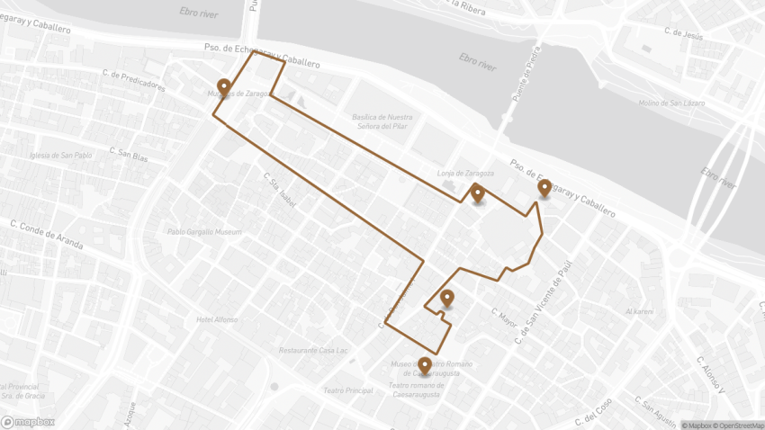 Map of the Exploring Roman Zaragoza walking route with 5 stops in Zaragoza.