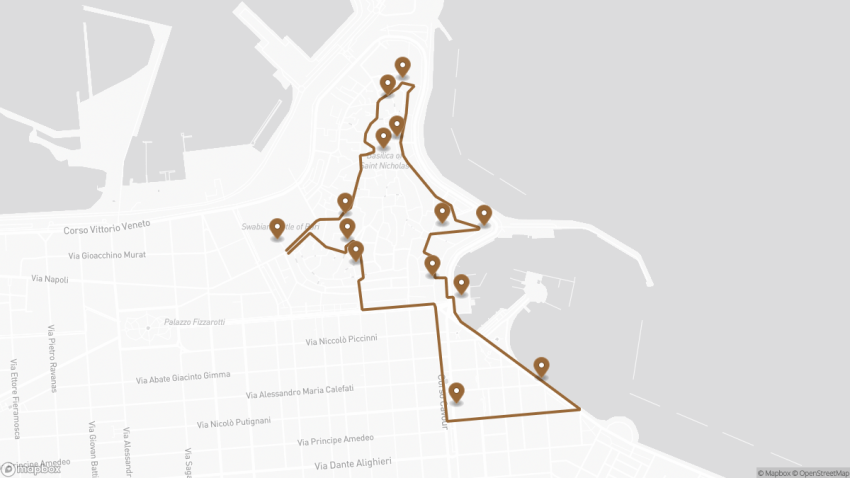 Map of the Self-Guided Walking Tour of Bari, Italy walking route with 14 stops in Bari.