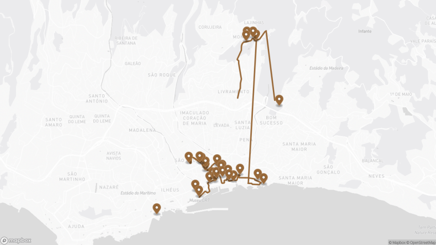 Map of the Self-Guided Walking Tour of Funchal & Monte: Map & Highlights walking route with 27 stops in Funchal (Madeira).