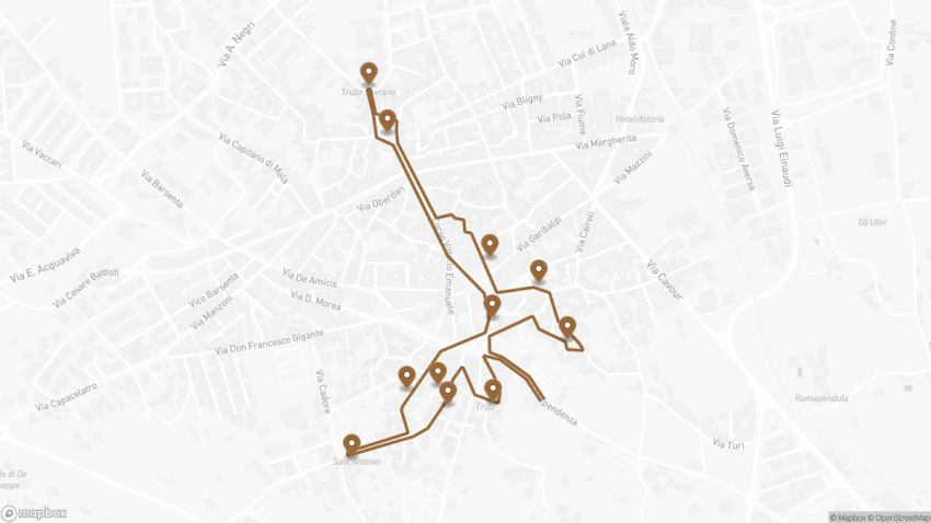Map of the Self-Guided Walking Tour of Alberobello, Italy walking route with 11 stops in Alberobello.