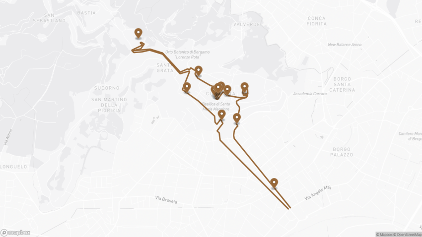 Map of the Self-Guided Walking Tour of Bergamo, Italy walking route with 14 stops in Bergamo.