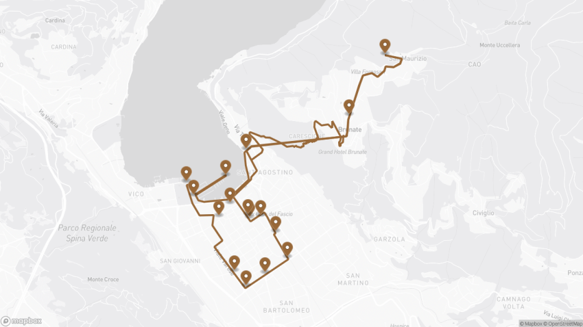 Map of the Self-Guided Walking Tour of Como, Italy walking route with 16 stops in Como.