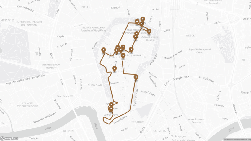 Map of the Free Walking Tour of Kraków’s Old Town walking route with 17 stops in Kraków.