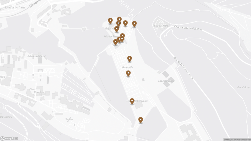 Map of the Generalife, Alhambra: The Architect’s Garden walking route with 14 stops in Granada.