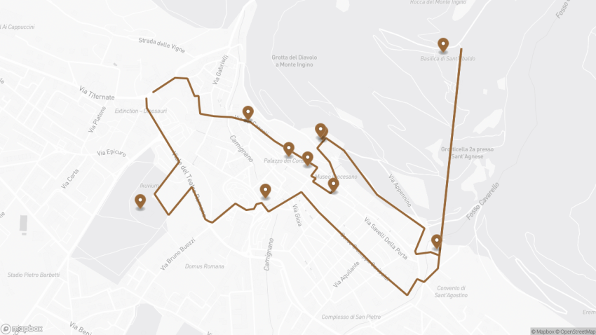 Map of the Self-Guided Walking Tour of Gubbio, Italy walking route with 10 stops in Gubbio.