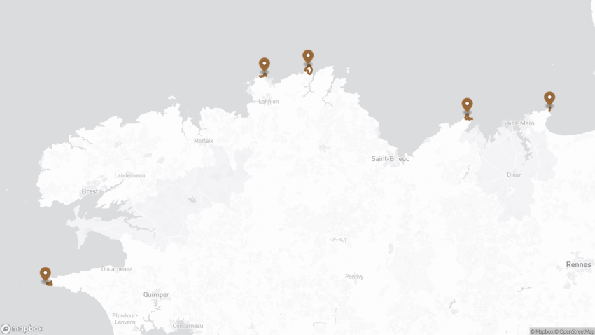 Map of the Hike the GR34: 5 Unforgettable Day Hikes on Le Sentier des Douaniers walking route with 5 stops in Brittany.