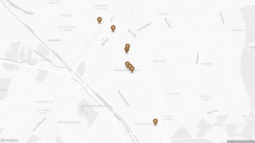 Map of the Self-Guided Walking Tour of Reims, France walking route with 8 stops in Reims.