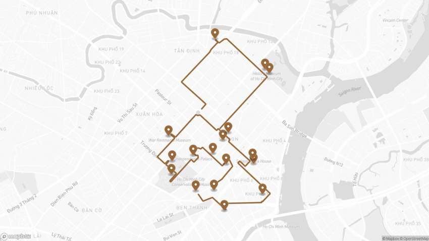 Map of the Self-Guided Walking Tour of Ho Chi Minh City walking route with 17 stops in Ho Chi Minh City (Saigon).