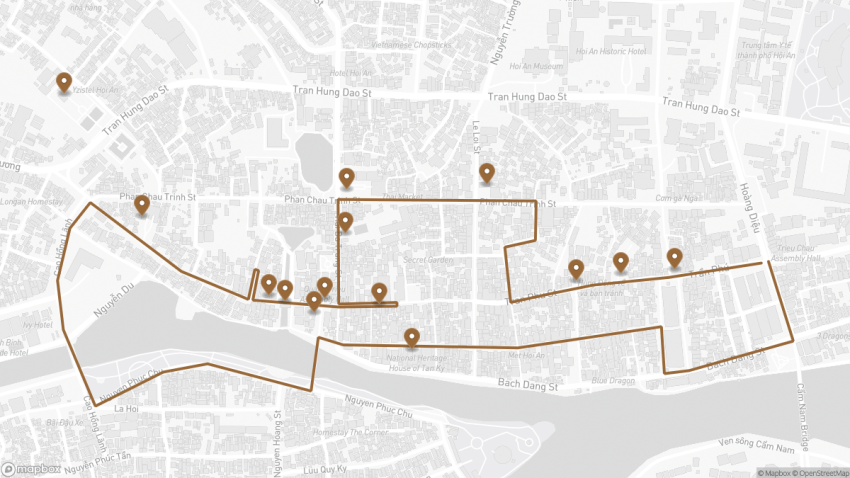 Map of the Self-Guided Walking Tour of Hoi An walking route with 14 stops in Hoi An.