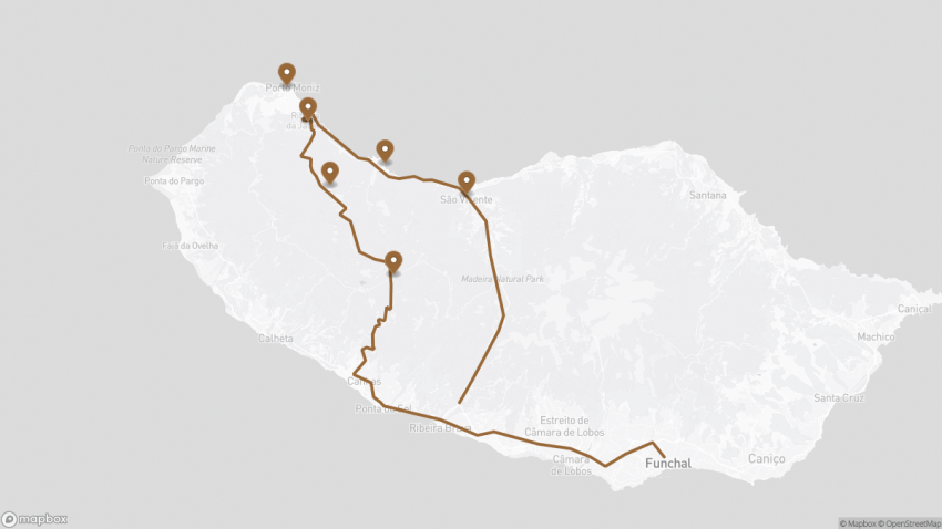 Map of the Madeira Sightseeing Tour of the North West Coast: Scenic Drive & Highlights walking route with 6 stops in Funchal (Madeira).