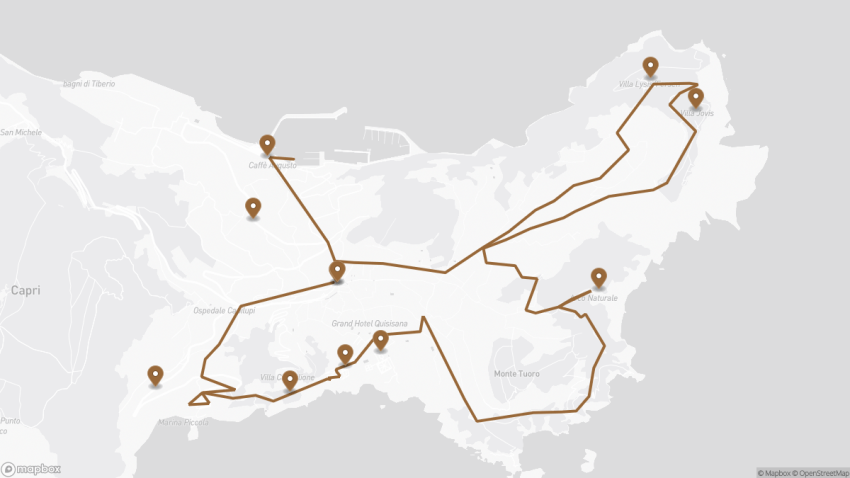 Map of the Self-Guided Walking Tour of Capri walking route with 11 stops in Capri.