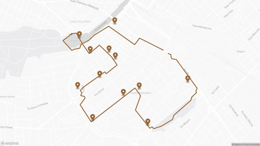 Map of the Self-Guided Walking Tour of Rimini, Italy walking route with 12 stops in Rimini.