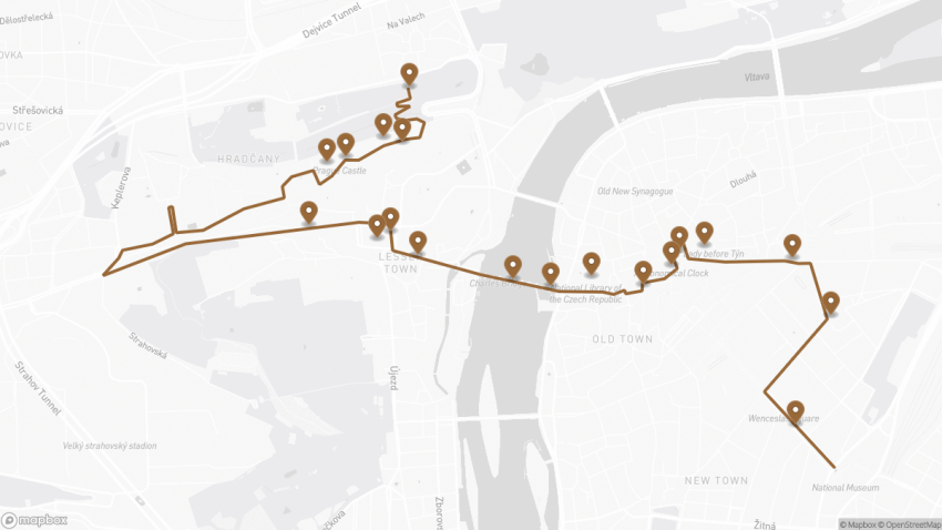 Map of the Self-Guided Walking Tour of Prague, Czech Republic walking route with 19 stops in Prague.