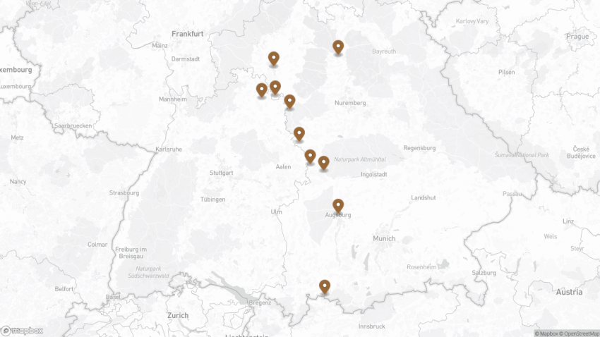 Map of the Romantic Road in Germany: Complete Guide & Itinerary walking route with 10 stops in Würzburg.