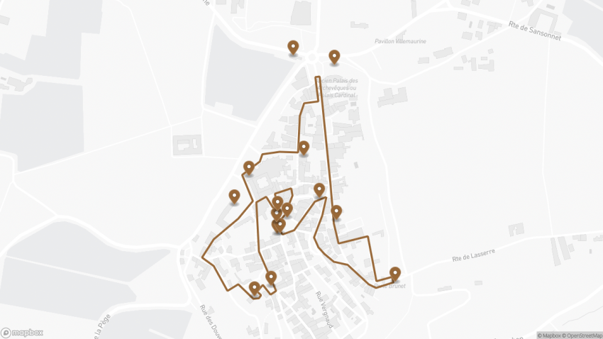 Map of the Self-Guided Walking Tour of Saint-Émilion, France walking route with 15 stops in Saint-Émilion.