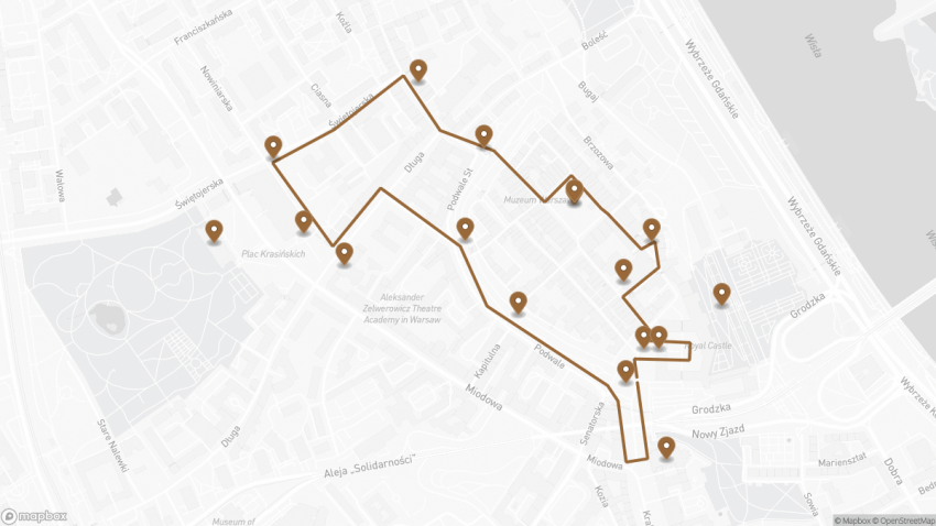 Map of the Self-Guided Walking Tour of Warsaw’s Old Town walking route with 17 stops in Warsaw.
