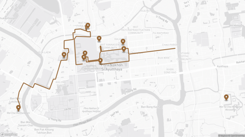 Map of the Self-Guided Day Trip to Ayutthaya from Bangkok walking route with 10 stops in Ayutthaya.