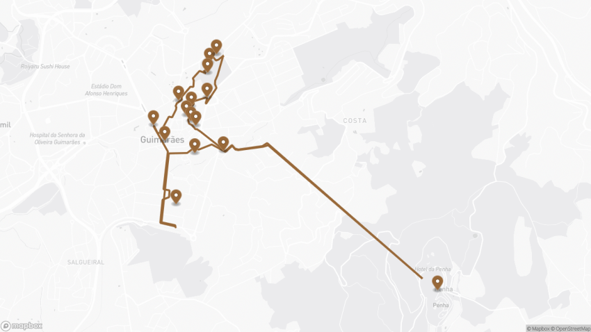 Map of the Self-Guided Tour of Guimarães, Portugal  walking route with 15 stops in Guimarães.