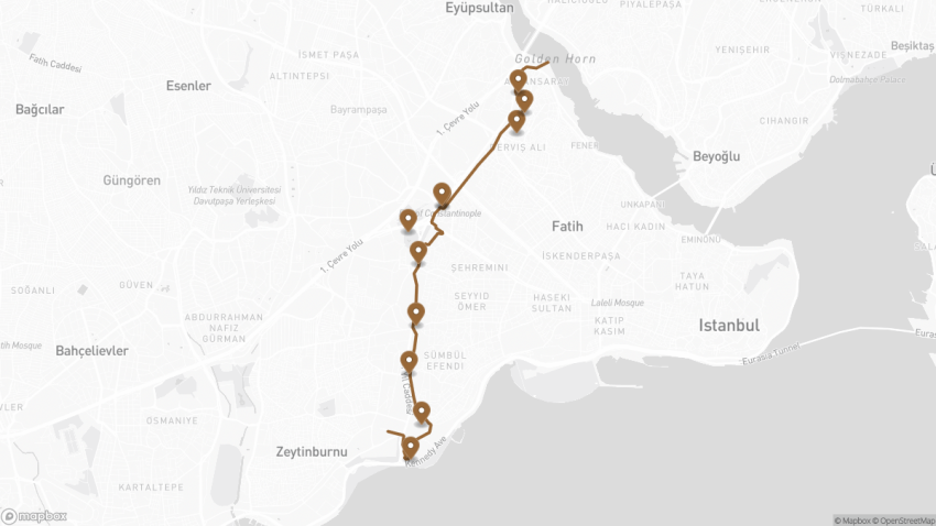 Map of the Self-Guided Tour of the Walls of Constantinople walking route with 11 stops in Istanbul.