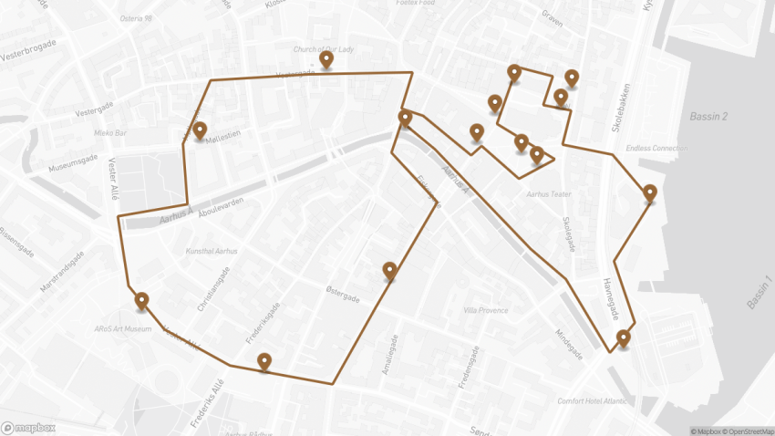 Map of the Self-Guided Walking Tour of Aarhus walking route with 15 stops in Aarhus.